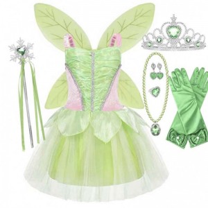 Halloween cosplay baby girl party Christmas Green Flower Fairy Tinker Bell Outfit With Butterfly Wings Set HCTB-005