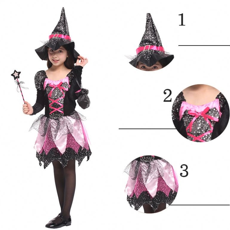 Kid Girls Wand Dress Up Quần áo Halloween Phù thủy trang phục Silver Silver Stars in váy cosplay với mũnhọn