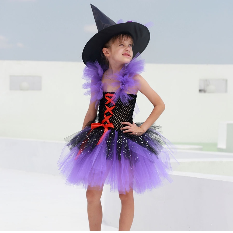 Amazon Hot Bán Tutu Trang phục trang phục phù thủy cho các cô gái với Mũ phù thủy Halloween Carnival Party