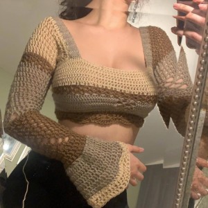 Phụnữ crochet đan lưới áo len vuông cổ tay áo dài tay áo pullover crop tops áo ba mặt sau áo len áo len
