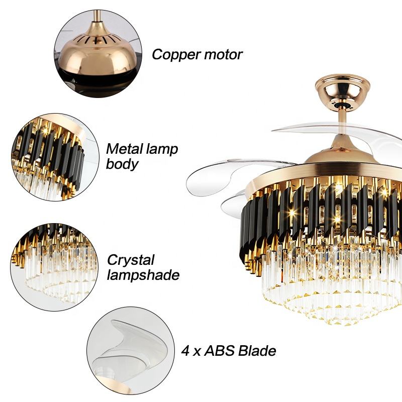 Quạt trần đèn chùm K001 có ánh sáng với điều khiển từ xa 42 inch 3 màu với đèn chùm quạt pha lê loa