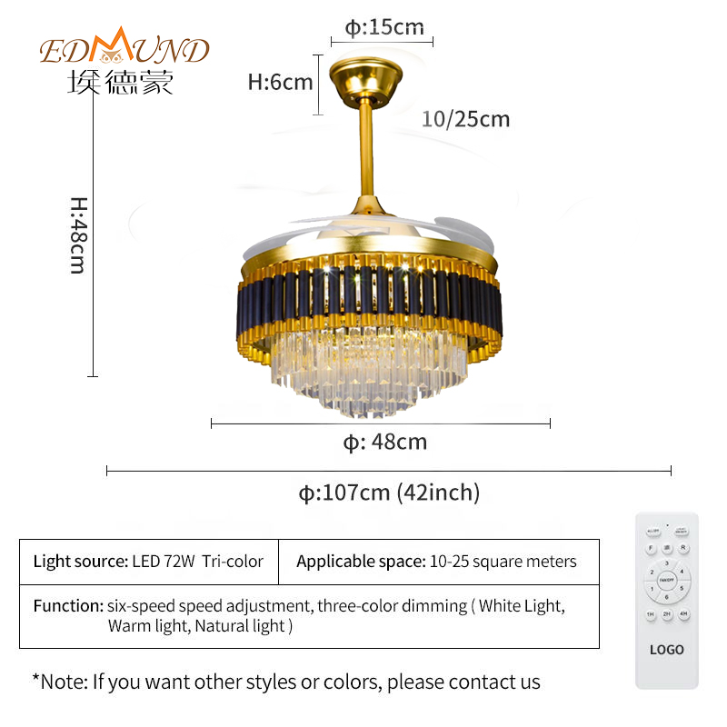 Quạt trần đèn chùm K008 có ánh sáng với điều khiển từ xa 42 inch 3 màu với đèn chùm quạt pha lê loa