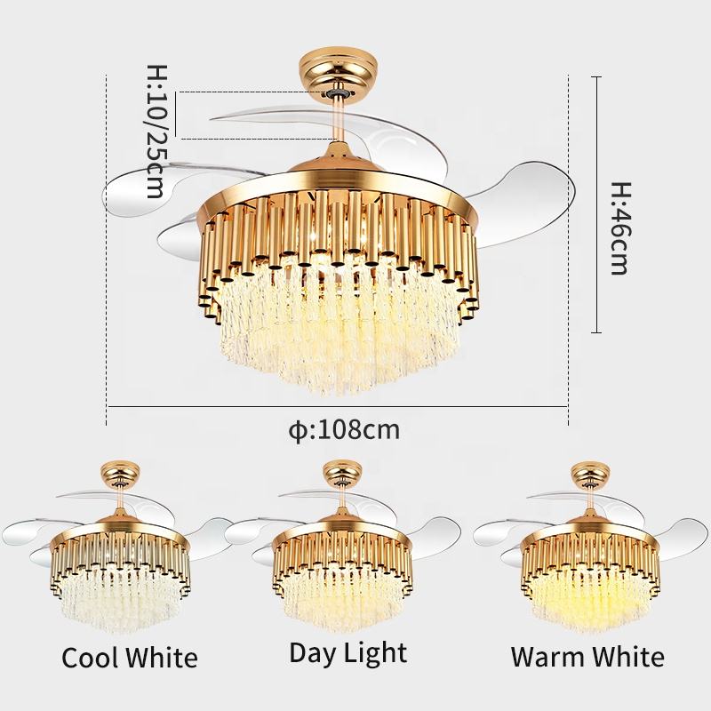 Quạt trần đèn chùm K009 có ánh sáng với điều khiển từ xa 42 inch 3 màu với đèn chùm quạt pha lê loa