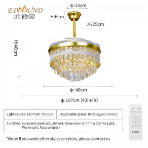 Quạt trần K010 với đèn 3 màu 42 inch từ xa với loa Crystal Fan Chandelier