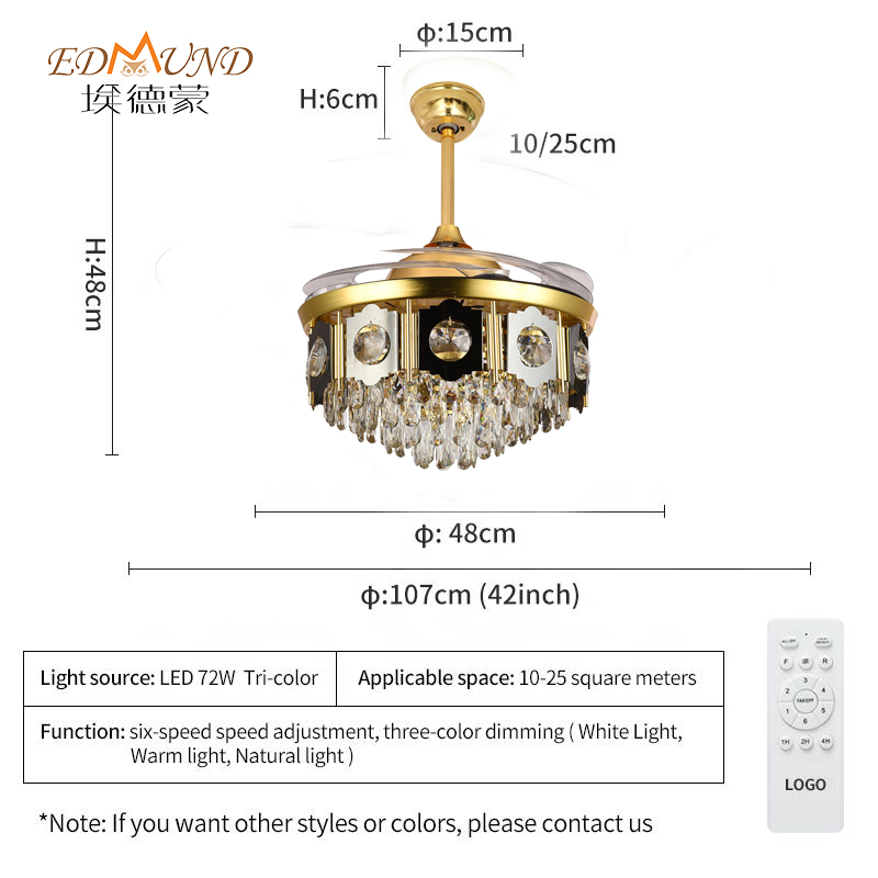 Quạt trần đèn chùm K013 có ánh sáng với điều khiển từ xa 42 inch 3 màu với đèn chùm quạt pha lê loa