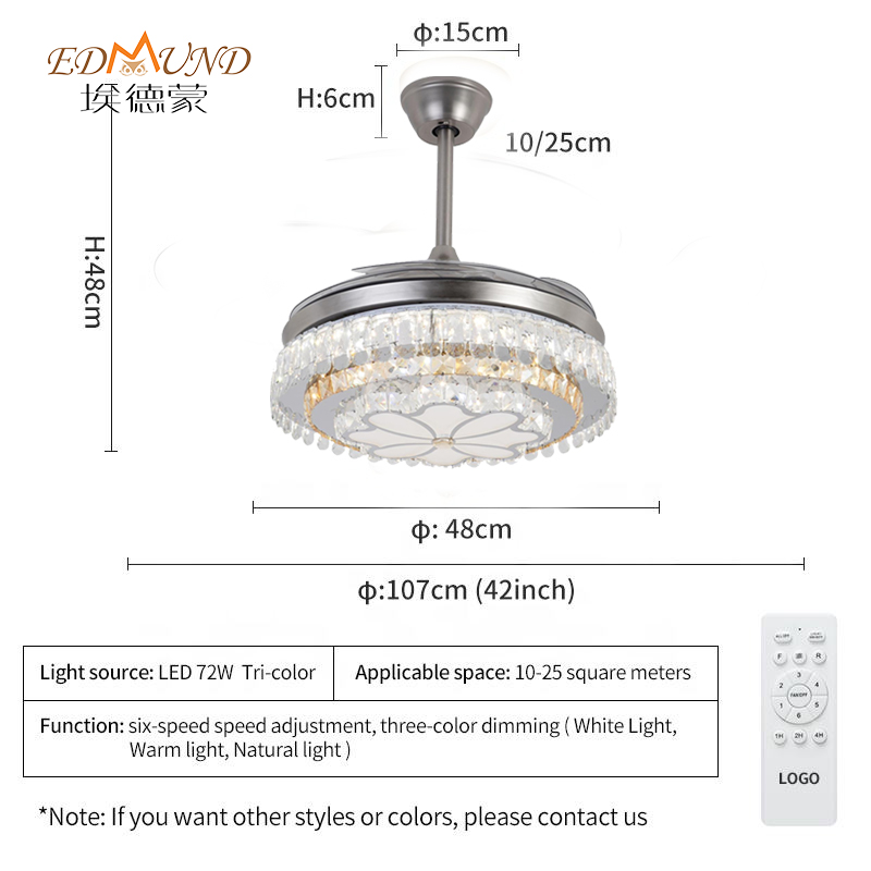 Quạt trần đèn chùm K016 có ánh sáng với điều khiển từ xa 42 inch 3 màu với đèn chùm quạt pha lê loa