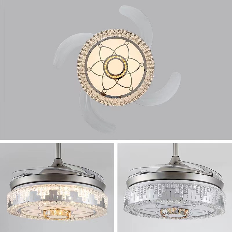 Quạt trần đèn chùm K017 có ánh sáng với điều khiển từ xa 42 inch 3 màu với đèn chùm quạt pha lê loa