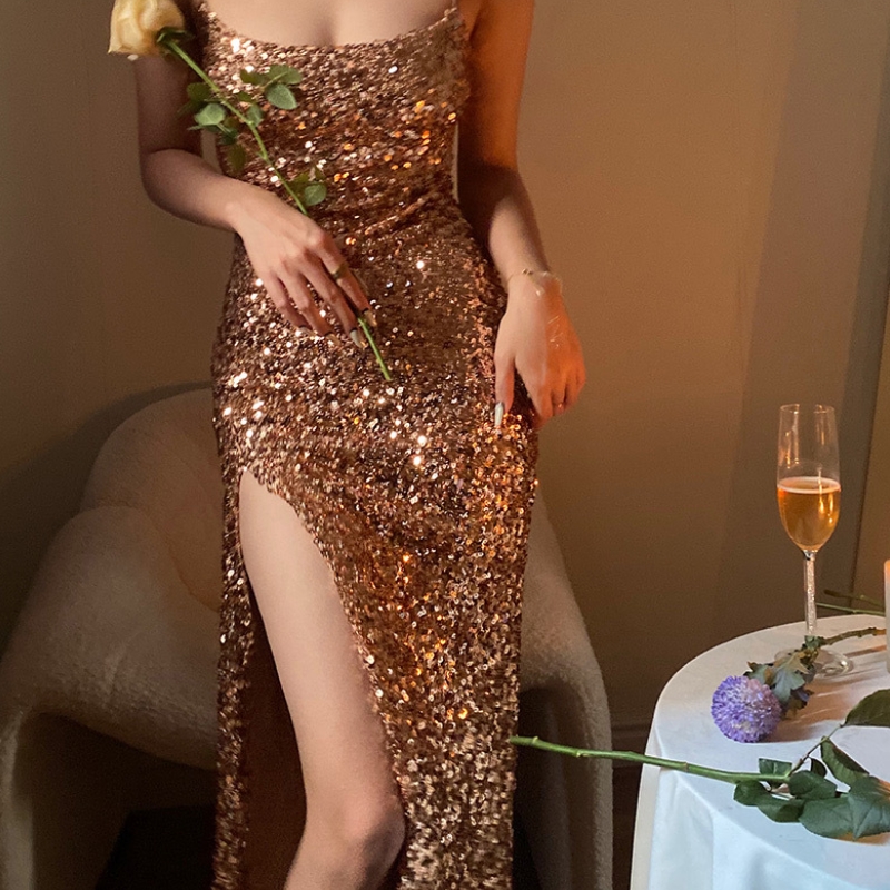 Champagne màu sắc sexy ánh sáng xa xỉ cao cấp bên sequin sling váy sáng lấp lánh quần short váy đầm