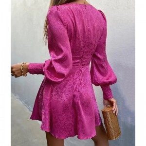 V-cổ rỗng Jacquard Dress Lantern Sleeve Váyngắn Spring Style Phong cách A-Line Dress
