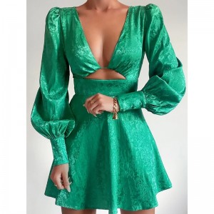 V-cổ rỗng Jacquard Dress Lantern Sleeve Váyngắn Spring Style Phong cách A-Line Dress