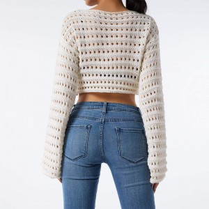 Phụnữ rỗng ra crochet đan áo crops khối màu dài tay áo cổ vuông áo len mùa thu đầu