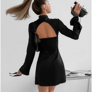 Phong cách mới đứng cổ áo mỏng tay áo dài mở lại váyngắn