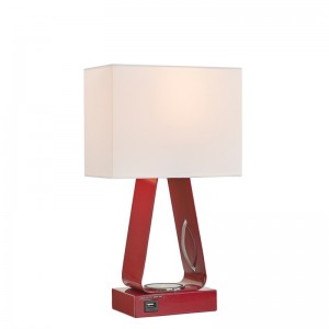 Đèn bànnhỏ với lớp hoàn thiện màu đỏ, cổng sạc USB, trạm sạc không dây và công tắc rocker/off tại phòng khách