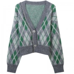 Argyle Jacquard Kned Mohair Cardigan Áo lennữ