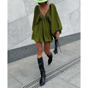 Thiết kế retro thông thường gió v-cổ màu rắn blouse mùa thu mới tay áo đèn lồngnao cao