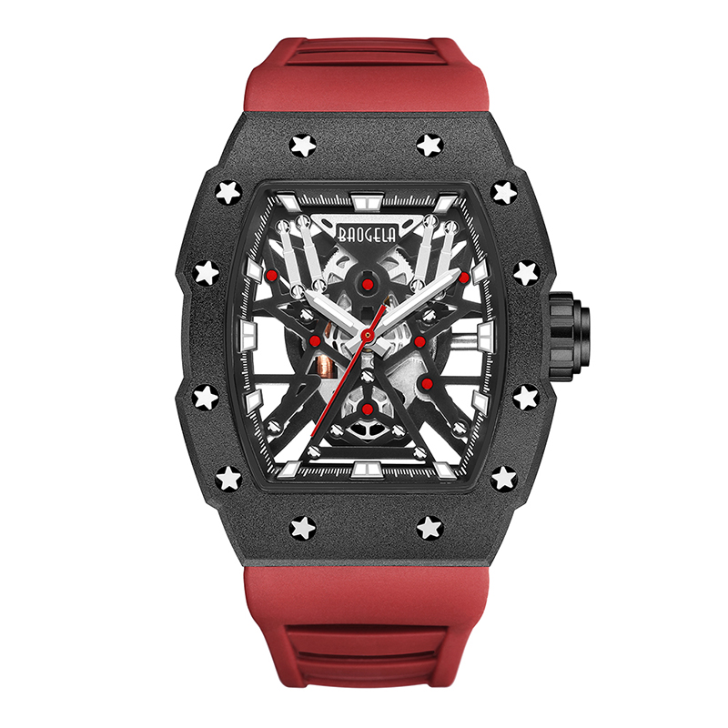 Baogela hàng đầu Thương hiệu thống trị Tonneau Cơ học Phong cách côngnghiệp Skeleton Lum Waterproof Sports Watches Steel Silicone Watch 4147
