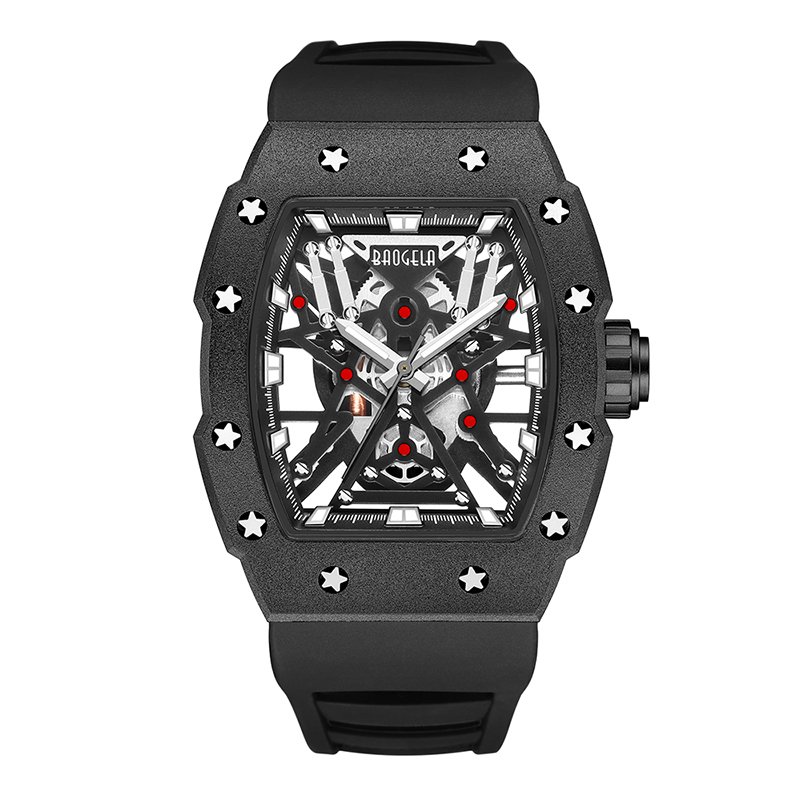 Baogela hàng đầu Thương hiệu thống trị Tonneau Cơ học Phong cách côngnghiệp Skeleton Lum Waterproof Sports Watches Steel Silicone Watch 4147