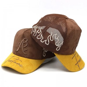 Nhà máy tùy chỉnh Suede Trucker Hat Thêu logo Brim Fair Mesh Trucker Mũ xe tải