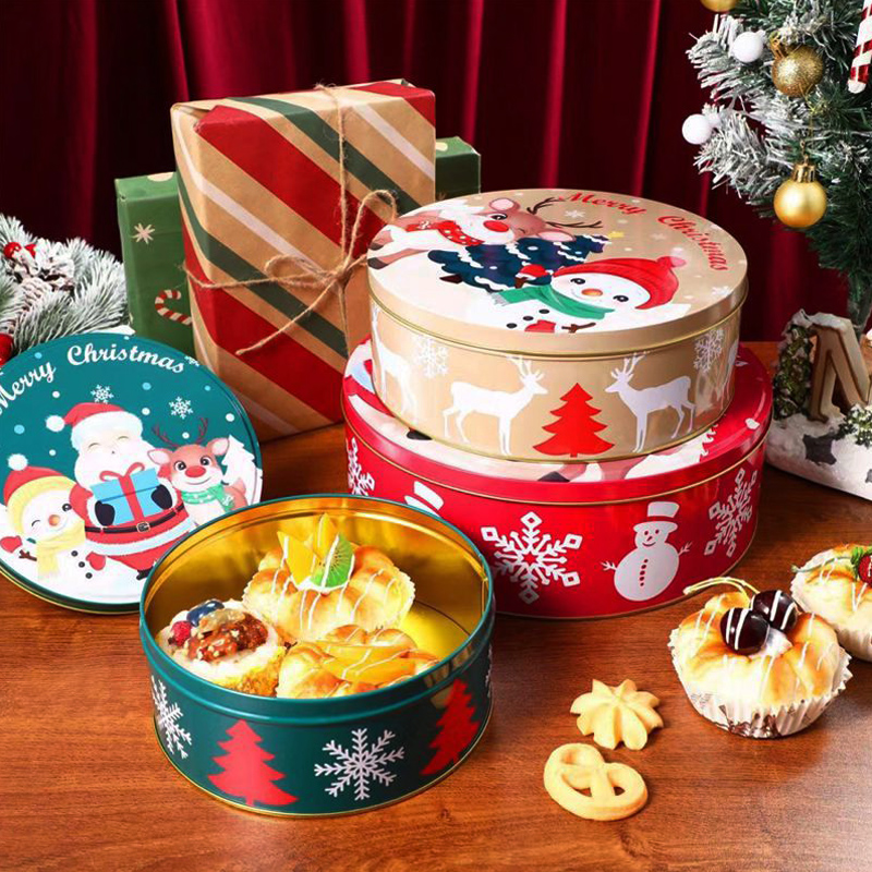 Hộp quà Giáng sinh hộp ba mảnh tròn hộp bánh quy hộp hộp Giáng sinh hộp thiếc hộp đựng hộp thiếc tùy chỉnh hộp