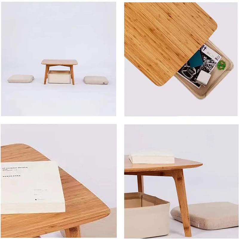 Một chiếc bàn trà thấpnằm trên sàn của một đồnội thất bằng tre Tatami Square Tatami