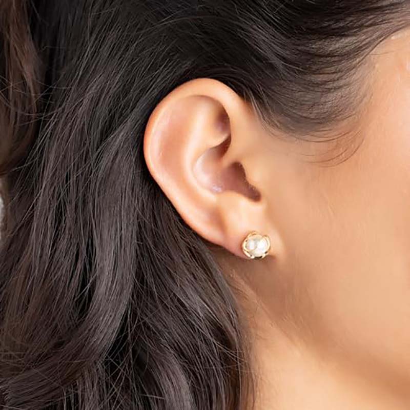 Bông taingọc trai lồng mạ vàng 18K Hongde, 4MM