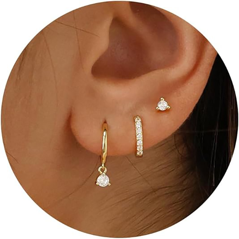 Bộ 3 đôi bông tai vòng vàng: Bông tai đinh tán xinh xắn Hợp thời trangnhỏ mạ vàng 14K không gây dị ứng Sụn bông tai Huggie Hoop chonữ Trang sức vàng chonữ Quà tặng bé gái