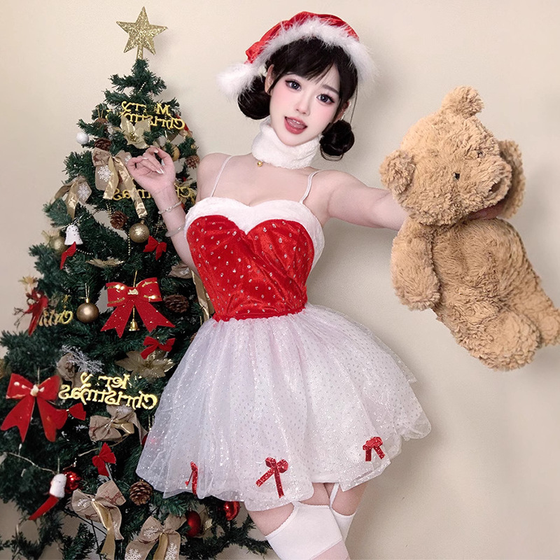 Trang phục Giáng sinh mới đặt cho các buổi biểu diễn sân khấu. Một màu đỏ, hình thức - Bộ đồng phục trang phục ren phù hợp phù hợp cho cả Giáng sinh và giánăm mới 108:$89,99