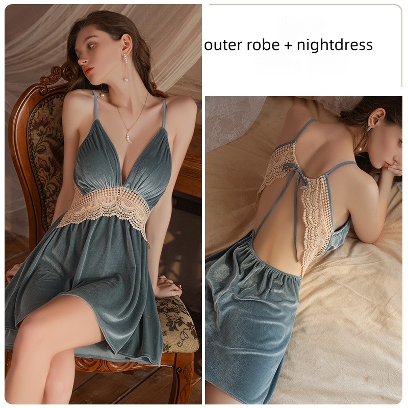 Phong cách mới Mùa thu và mùa đông Velvet và Tulle Backless, Sexy Deep V-Đènngủ hình với xây dựng với-Trong miếng đệm áongực và áo choàng bênngoài phù hợp, hoàn hảo cho giá mặcnhà4054 giá:$179,99