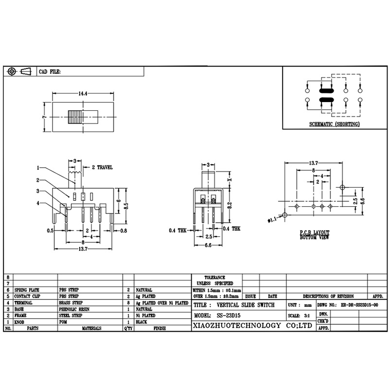 Chuyển đổi công tắc SS23D15 Đèn pin Mini Trượt đồ chơi