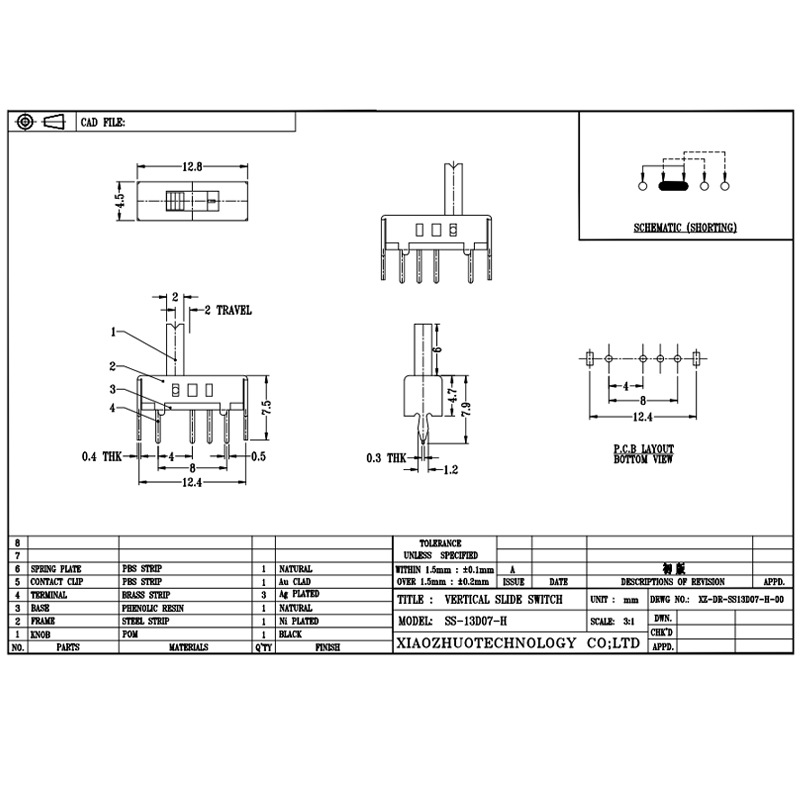Chuyển đổi công tắc SS13D07 đơn-Hàng bốn-Công tắc chuyển đổi vi mô pin, công tắc bật tắt cho các thiết bị điện, công tắc trượt 3, 4, 5 và 6