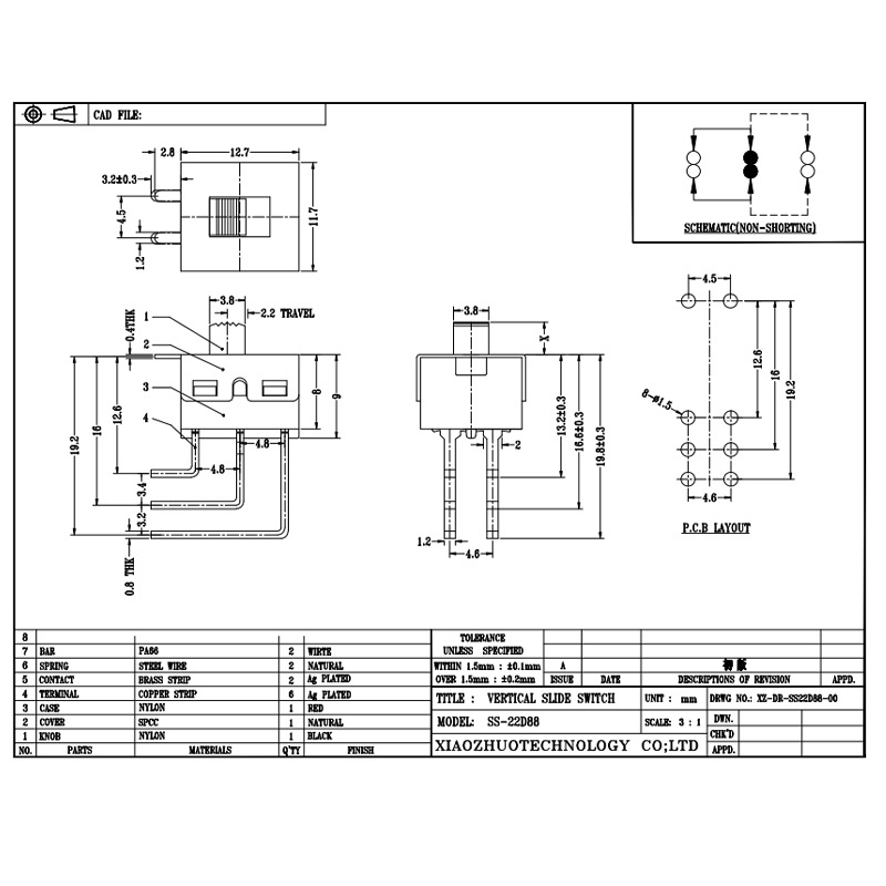 Chuyển đổi công tắc SS22D88 Công tắc đồ chơi, ánh sáng, máy duỗi tóc, máy sấy tóc, dòng điện cao, công tắc bật tắt