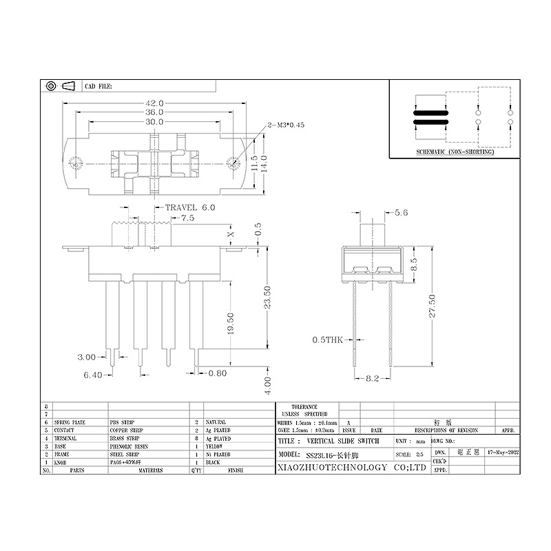 Công tắc trượt SS23L16 Chuyển đổi pin dài thiết bị y tế Thiết bị côngnghiệp Công tắc dòng điện cao ba-Công tắc trượt vị trí