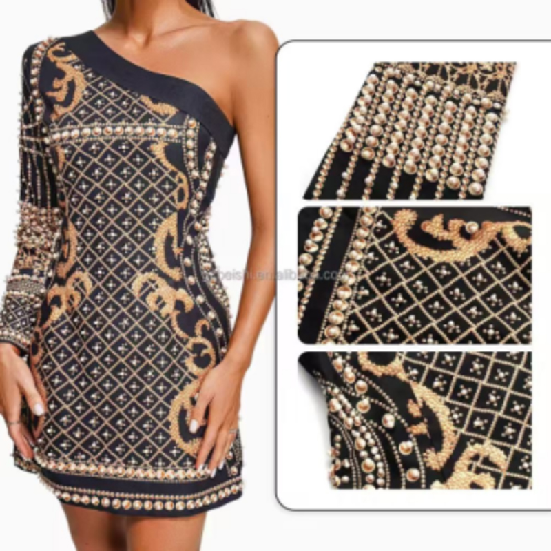 Mùa hè Jacquard đan xơ vai dài tay, váy mỏng đính cườm