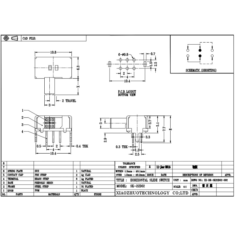Công tắc trượt thunhỏ SK22D02, một công tắcnhỏ cho điều khiển điện tử, điện, giao tiếp và côngnghiệp với hai phạm vi băng tần là 2p và 2T