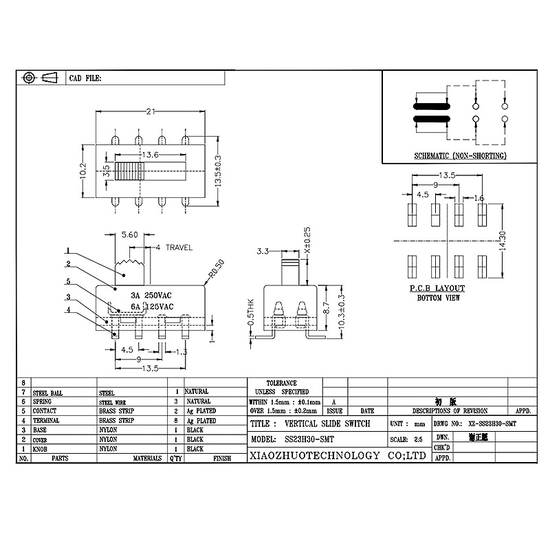 Công tắc trượt SS23H30 hai-Vị trí cho các thiết bị gia dụng, chăm sóc y tế, thiết bị chăm sóc sắc đẹp và chăm sóc tóc, cao-3 hiện tại-Công tắc trượt vị trí