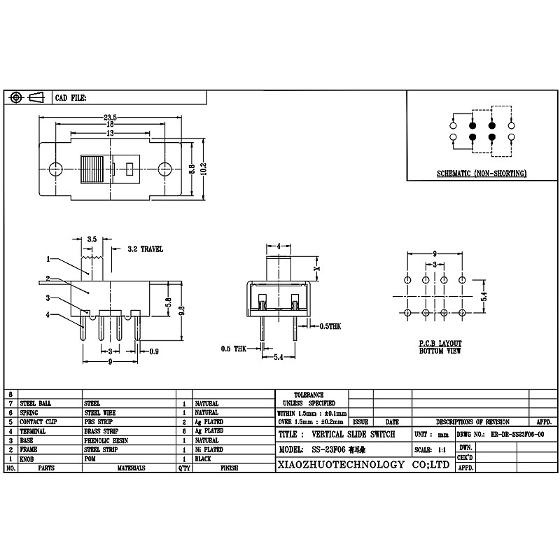 Công tắc trượt SS23F06 tùy chỉnh-làm gấp đôi-Hàng 6-Pin công tắc trượt máy hút bụi chân không dọc