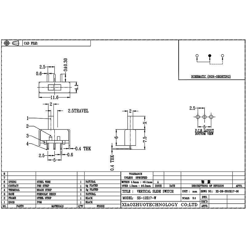 Công tắc trượt SS12E17 Công tắc trượt điện của máy sưởi điện uốn cong 2-Vị trí 3-Công tắc bật pin