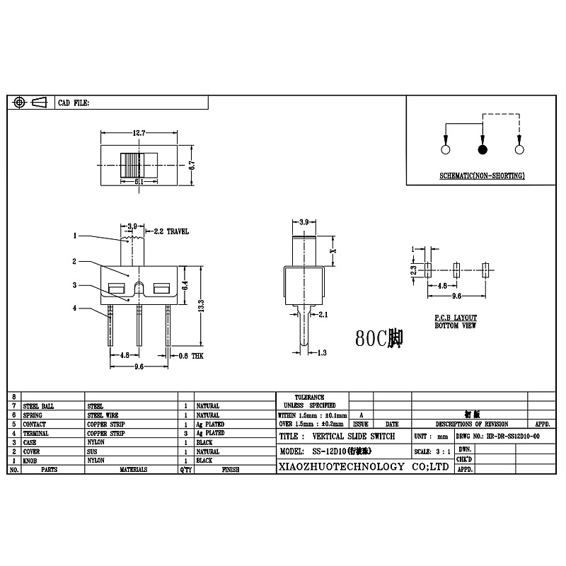 Công tắc trượt SS12D10 Công tắc trượt đồ chơi điện tử 2-Vị trí 3-pin đơn-Công tắc băng tần sân khấu
