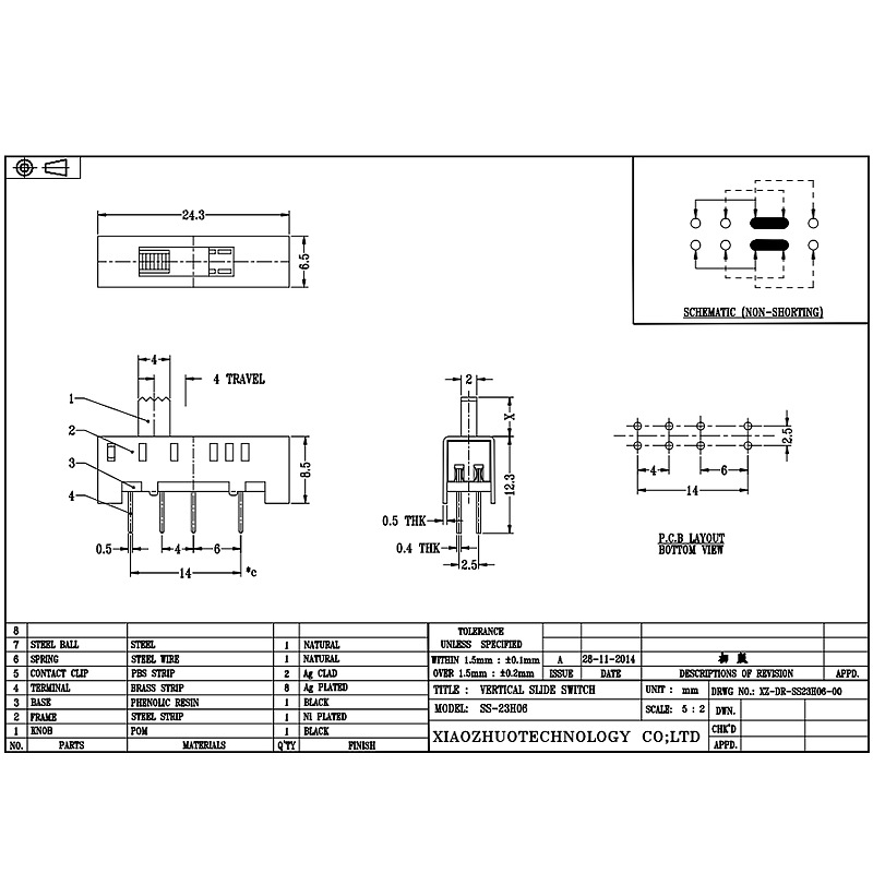 Công tắc trượt SS23H06, Double-Hàng 8-Công tắc trượt dọc, công tắc trượt dọc cho máy sưởi điện chăn điện