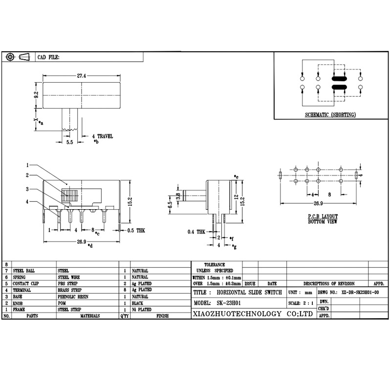 Công tắc trượt SK23H01 lưỡng cựcnhỏ ba-vị trí hai-Hàng tám-PIN Bênngang-Kéo công tắc trượt 2P3T