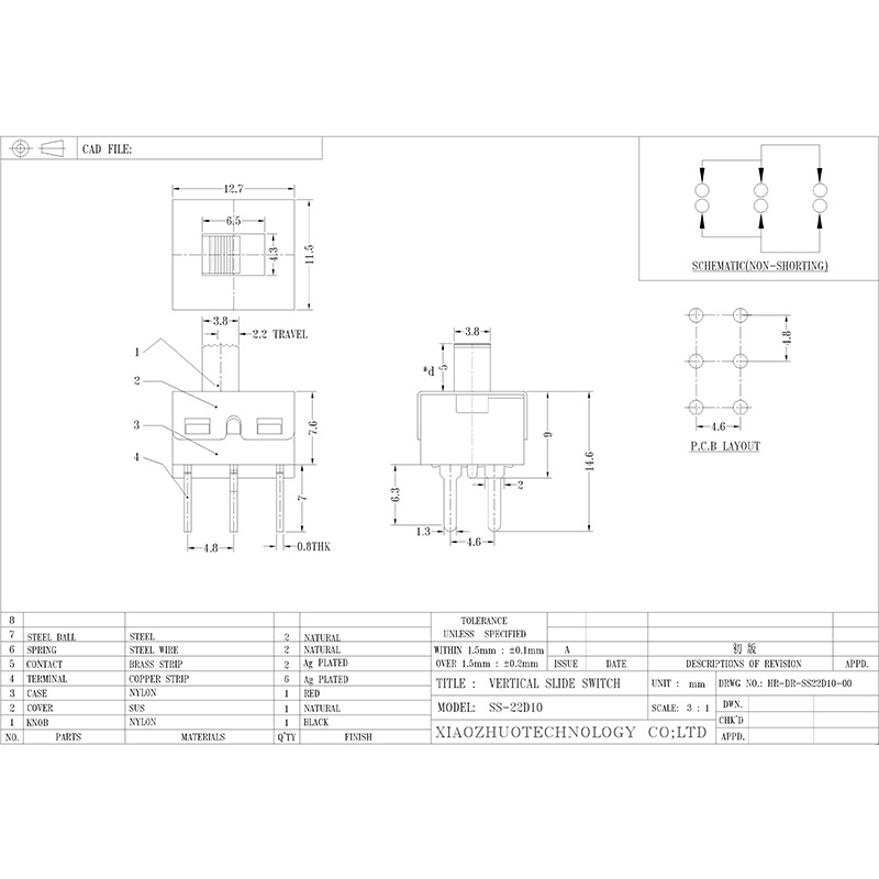 Công tắc trượt SS22D10 cao-Công tắc trượt hiện tại cho đồ chơi y tế, thiết bị âm thanh, sản phẩm điện tử, kéo thẳng đứng và dọc 2-Công tắc trượt vị trí