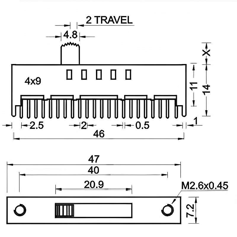 Công tắc trượt SS-49D01 theo chiều dọc-Gắn 9-Vị trí gấp đôi-Cực đôi-Công tắcnguồn thunhỏ hàng cho đồ chơi